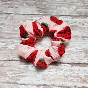 Strawberry scrunchies, fruit scrunchies, pink scrunchies, hair ties, hair accessories, birthday gift for girl