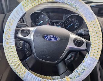 Yellow and blue floral steering wheel cover, faux patchwork quilt car accessories, stretchy steering wheel cover, gift for new driver