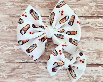 Chocolate chip cannoli bow, cherry bow, Italian food bow, clip, headband, hair accessories