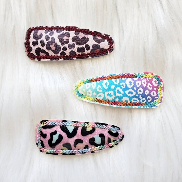 Leopard snap clips, rainbow hair clips, birthday gift for her, Easter basket gift