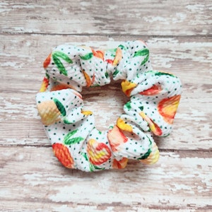 Peach scrunchies, fruit scrunchies, polka dot scrunchies, hair ties, hair accessories, birthday gift for girl