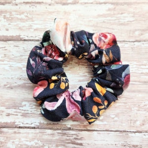 Floral scrunchies, navy blue scrunchies, birthday gift for girl, hair accessories, hair ties