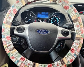 Floral steering wheel cover, faux patchwork quilt design, organic cotton car accessories, stretchy steering wheel cover, gift for new driver