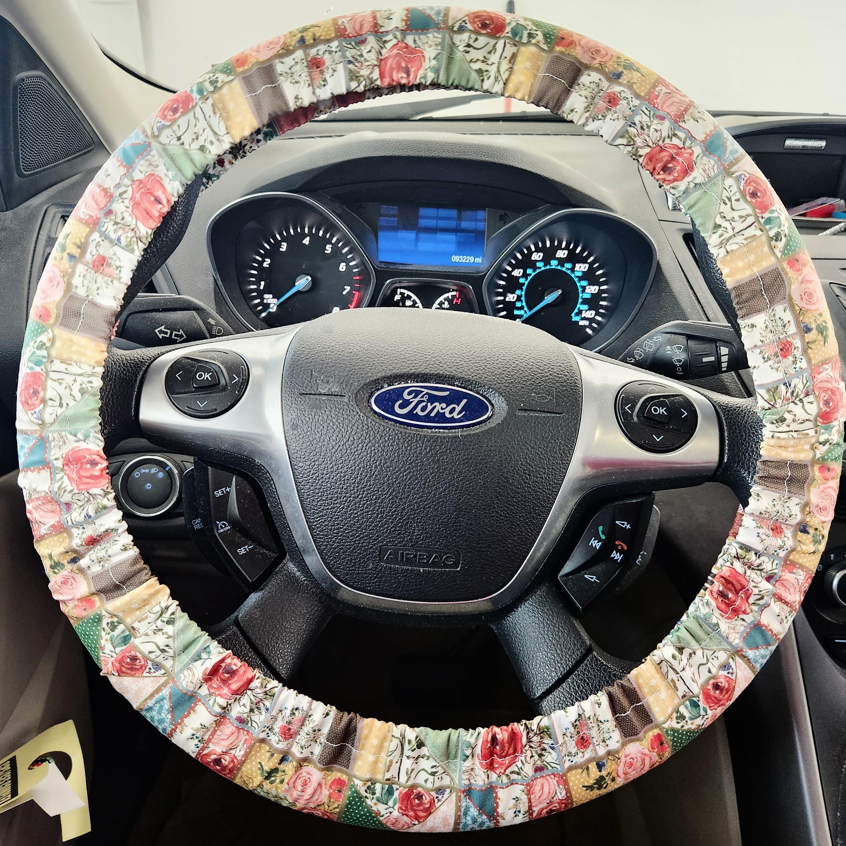 Floral steering wheel cover, faux patchwork quilt design, organic cotton car accessories, stretchy steering wheel cover, gift for new driver