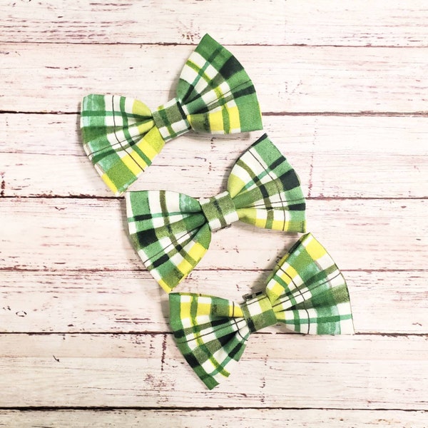 Green plaid bow tie, clip on bow tie, kids, adult