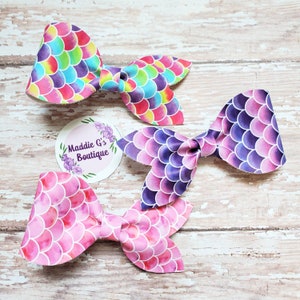 Mermaid bow, faux leather bow, fish scale bow, hair accessories, birthday gift for girl, hair clip, headband, rainbow bow