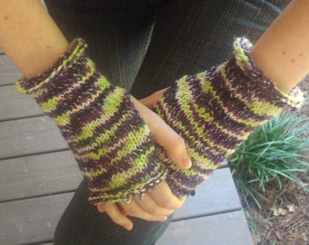 Purple and green fingerless gloves, short fingerless gloves, wrist warmers, arm warmers