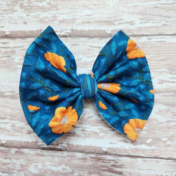 Blue floral bow, yellow floral bow, embroidery look inspired, hair clip, headband, hair accessories, springtime gift for her