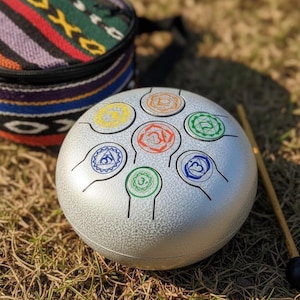 May include: A silver tongue drum with chakra symbols, a wooden mallet, and a colorful carrying case. The drum has seven circular symbols in various colors. The carrying case has a black strap and a striped pattern.