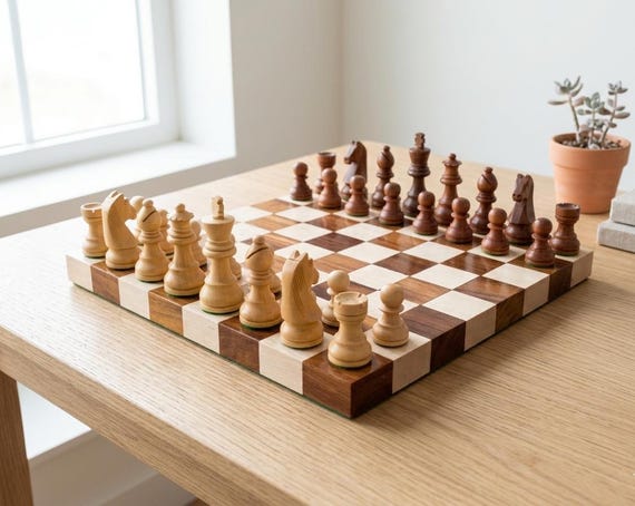 Handmade Wooden Chess Set Luxury Flat 12 Inch Chess Board with Premium Pieces Walnut Style Chess, Premium Gift for Him