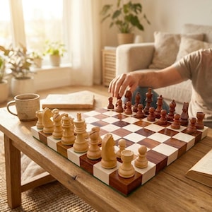 Juego de ajedrez de madera hecho a mano, tablero plano de lujo de 12 pulgadas con piezas premium de estilo nogal, regalo premium para él. imagen 5