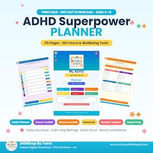 Può includere: Un planner stampabile ADHD Superpower per bambini dai 9 ai 12 anni con 65 pagine e oltre 30 strumenti per la concentrazione e il benessere. Il documento digitale presenta layout colorati, tra cui un planner giornaliero e vari strumenti.
