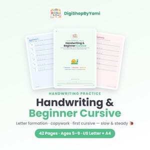 Peut inclure: Un cahier d'exercices numérique d'écriture manuscrite et de cursive pour débutants de 42 pages pour les 5-9 ans. La couverture affiche le titre Handwriting & Beginner Cursive avec un escargot, des guides de lettres et les formats A4.