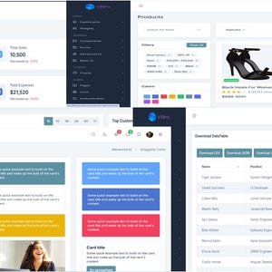 Könnte beinhalten: Screenshots einer E-Commerce-Dashboard-Oberfläche, die Datenvisualisierungen, Produktlisten und Benutzeroberflächenelemente zeigt. Das Design verfügt über eine dunkelblaue Seitenleiste, weiße Hintergründe und farbige Akzente.