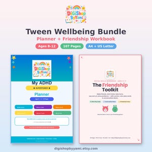Può includere: Un pacchetto digitale per il benessere dei preadolescenti con un planner e un quaderno di esercizi sull'amicizia. Il My ADHD Superpower Planner per bambini dagli 8 ai 12 anni ha 65 pagine. Il Friendship Toolkit include fumetti e schede.