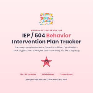 May include: A digital tracker document titled IEP / 504 Behavior Intervention Plan Tracker with a light pink background. It features the DigiShop ByYami logo, a pink star character, and text detailing 39 pages, FBA + BIP templates, daily data logs, and progress graphs for ages 4-14 in A4 and US Letter sizes.