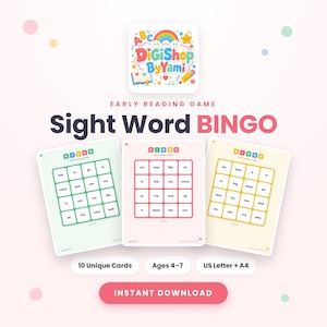 May include: An early reading game titled Sight Word BINGO featuring three printable cards in light green, pink, and yellow. Each card contains a four-by-four grid of common sight words. The design includes the DigiShop ByYami logo, 10 unique cards, ages 4-7, US Letter and A4 sizing, and an instant download button.