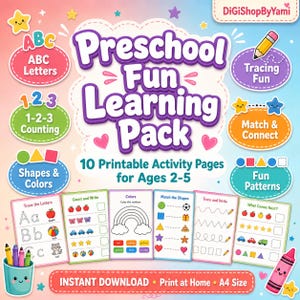 May include: A colorful printable preschool learning pack for ages 2-5. The pack includes activity pages for tracing, counting, shapes, colors, and patterns. The image features the text "Preschool Fun Learning Pack" and "Instant Download."