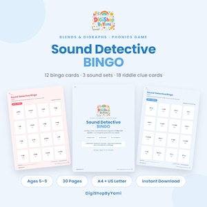 Puede incluir: Un juego de fonética Sound Detective BINGO que incluye 12 tarjetas de bingo, 3 conjuntos de sonidos y 18 tarjetas de pistas. El material educativo indica edades de 5 a 9 años, 30 páginas y opciones de tamaño A4 o US Letter.