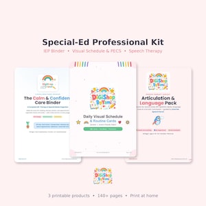 以下が含まれることがあります： 特別支援教育プロフェッショナルキット。The Calm & Confident Care Binder、Daily Visual Schedule & Routine Cards、Articulation & Language Packの3つの印刷可能な製品が含まれています。言語療法やIEP整理のための140ページ以上のセットです。
