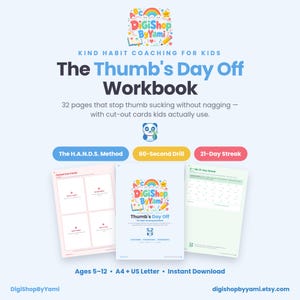 May include: A 32-page workbook titled The Thumb's Day Off, designed for habit coaching. It includes cut-out cards, The H.A.N.D.S. Method, a 60-Second Drill, and a 21-Day Streak tracker. The digital resource is available in A4 and US Letter sizes.