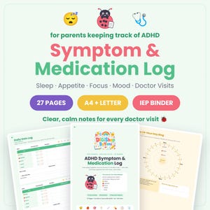 May include: A digital ADHD Symptom & Medication Log for parents, featuring 27 pages in A4 and Letter sizes. The document includes trackers for sleep, appetite, focus, mood, and doctor visits, with a 24-hour day ring and daily dots log layout.