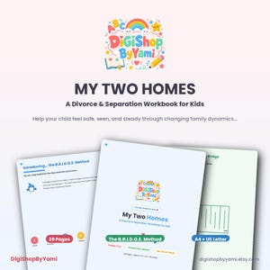 Op de afbeelding: Een digitaal werkboek getiteld My Two Homes: A Divorce & Separation Workbook for Kids door DigiShopByYami. Het document bevat de B.R.I.D.G.E.-methode, bestaat uit 39 pagina's en is beschikbaar in A4- en US Letter-formaat voor kinderen.