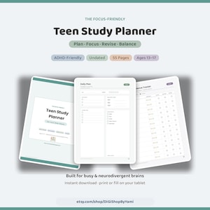Könnte beinhalten: Ein digitaler Lernplaner für Jugendliche mit 55 Seiten, inklusive Tagesplan und Anwesenheitsliste. Der Text lautet The Focus-Friendly Teen Study Planner, Plan, Focus, Revise, Balance, ADHD-Friendly, Undated, 55 Pages, Ages 13-17, und Built for busy & neurodivergent brains.