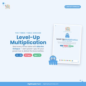 May include: A digital educational multiplication worksheet titled The Times-Table Arcade Level-Up Multiplication featuring Otto the Octopus. The document includes 30 pages for ages 7-11, covering times tables from 2 to 12, with a blue and white color scheme.