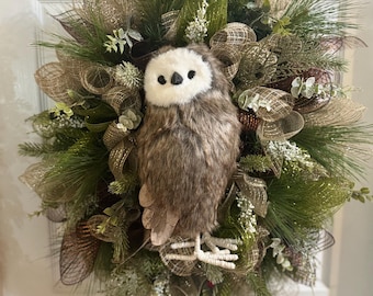 Rustic Winter Owl Wreath | Woodland Owl Door Decor | Neutral Winter Front Door Wreath | Farmhouse Winter Wreath | Nature Inspired Home Decor