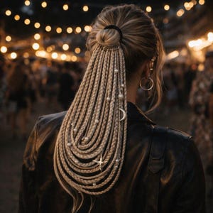 Puede incluir: Peinado con trenzas rubias adornadas con perlas y dijes plateados, incluyendo una luna y una estrella. Las trenzas caen por la espalda. El peinado está recogido con un moño y una goma negra.