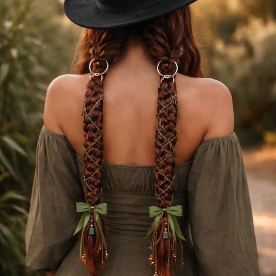 2pcs Mystical Forest Enchantment Twin Braids with Copper Chains and Silk Ribbons in Kızıl Kahverengi