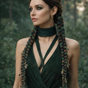Op de afbeelding: Een vrouw draagt een donkergroene fluwelen jurk met een halterhalslijn en een bijpassende choker. Haar lange, gevlochten haar is versierd met gouden bladaccenten en groene highlights. Ze draagt gouden oorringen.