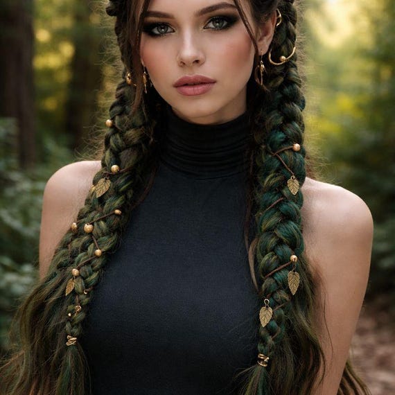2pcs Forest Enchantment Twin Braids – Handcrafted Moss & Emerald Statement Braided Hair Piece with Woodland Beads