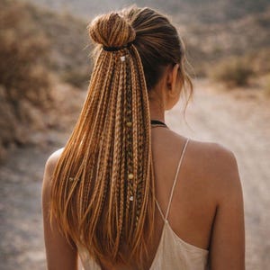 May include: A hairstyle featuring a bun and long, braided extensions. The braids are a mix of light and dark brown, decorated with small beads. The hair is styled with a black hair tie and a delicate necklace.