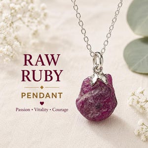 May include: A raw ruby pendant on a silver chain. The text reads: RAW RUBY PENDANT, Passion • Vitality • Courage, - Handmade with Natural Crystals -. The deep pink, irregular gemstone is set in a silver cap with a small loop attached to the chain.