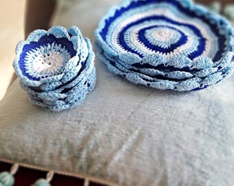 Juego de manteles individuales de ganchillo hechos a mano con hilo de algodón para decoración del hogar.