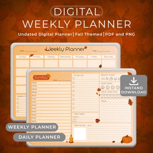 Op de afbeelding: Digitale weekplanner met een herfstthema. De ongedateerde planner bevat secties voor dagelijkse en wekelijkse planning, takenlijsten en een weertracker. Het ontwerp bevat herfstbladeren, een pompoen en een kaars.