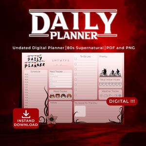 Puede incluir: Un planificador diario digital en rosa y blanco. Incluye secciones para programación, seguimiento de comidas y estado de ánimo. El texto "DAILY PLANNER" está en la parte superior, con "INSTAND DOWNLOAD" en la parte inferior. Tema sobrenatural.