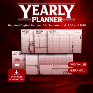 Puede incluir: Un planificador anual digital rojo y blanco con el texto "YEARLY PLANNER". El planificador incluye diseños diarios, semanales y mensuales, con el texto "Undated Digital Planner | 80s Supernatural | PDF and PNG."