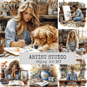 May include: A digital art collection titled ARTIST STUDIO 98jpeg 300 DPI featuring multiple scenes of a blonde individual in a blue shirt painting in a studio with a golden retriever, art supplies, brushes, and watercolour palettes.