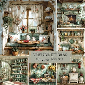 May include: A vintage kitchen scene featuring a window seat with floral curtains, a small round table with a teapot and cups, and shelves with decorative items. The image also includes a fireplace. The text "VINTAGE KITCHEN" is visible.