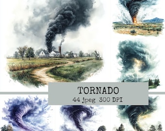 Tornado Aquarell Clipart Bundle, Sturm Landschaftskunst, 44 JPEG, 300 DPI Digital Download