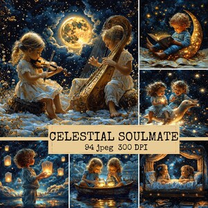 Könnte beinhalten: Digitaldruck mit Kindern in einer himmlischen Szene. Ein Kind spielt Geige, ein anderes Harfe, und andere lesen, reiten auf einem Schwan und lassen Laternen steigen. Der Text "CELESTIAL SOULMATE" wird angezeigt.