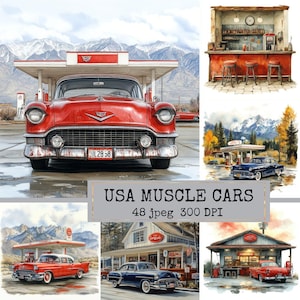 May include: Watercolour paintings of classic American muscle cars at petrol stations and diners. The images feature red and blue cars, petrol pumps, and mountain backdrops. The text "USA MUSCLE CARS" is displayed.
