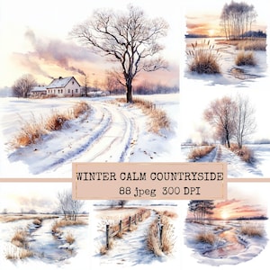 Peut inclure: Plusieurs peintures à l'aquarelle d'un paysage hivernal. Les images montrent des routes enneigées, des arbres et une maison avec de la fumée. Le texte "WINTER CALM COUNTRYSIDE" est visible.