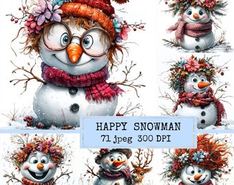 Snowman Watercolor Clipart Set Christmas 71 JPEG Download