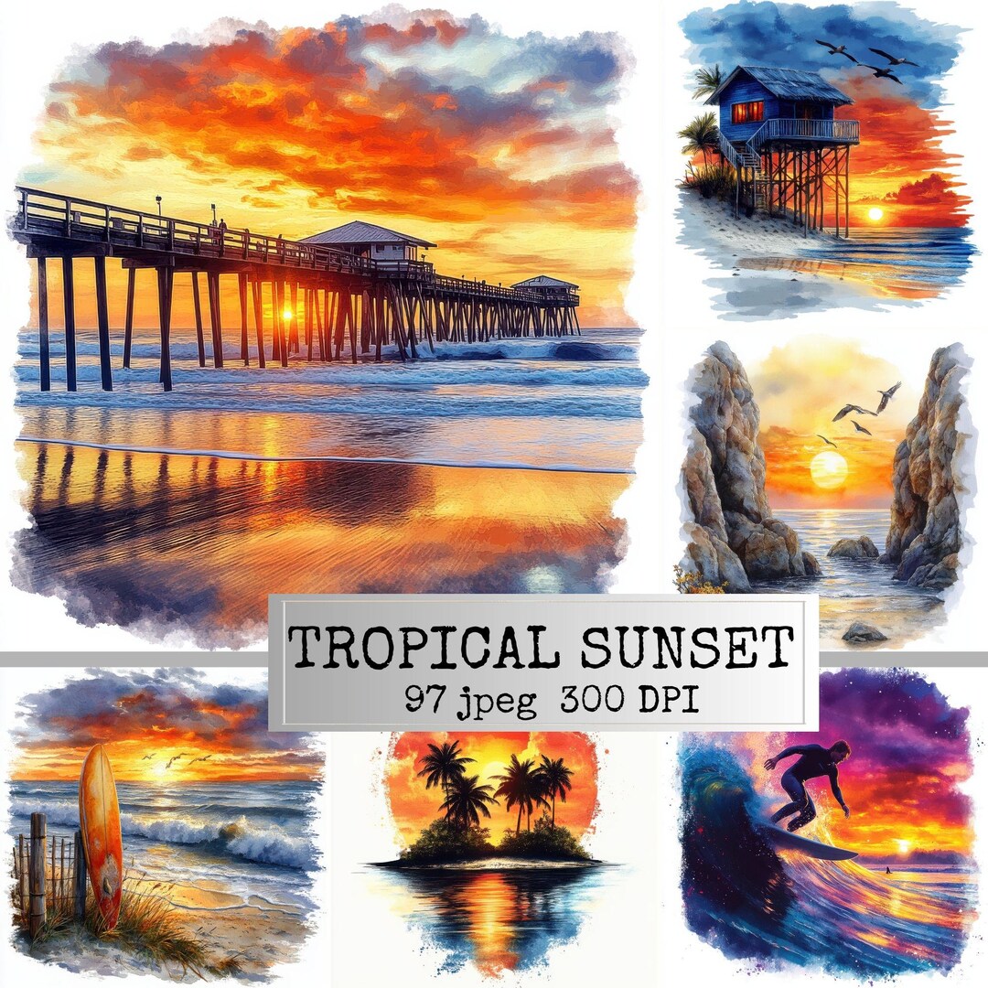 Watercolor Tropical Beach Clipart: Sunset & Sunrise JPEG Bundle ...