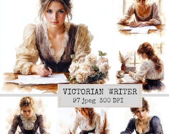 Victorian Writer Clipart Set – Watercolor Vintage Women Writing Illustrations (97 JPEG DIGITAL DOWNLOAD)