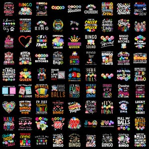 May include: A collection of ninety-nine individual graphic designs featuring bingo-themed illustrations, colorful bingo balls, and various humorous slogans related to the game of bingo, all arranged in a grid pattern against a solid black background.